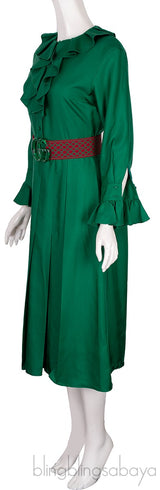 Emerald Green Ruffle Belted Midi Dress