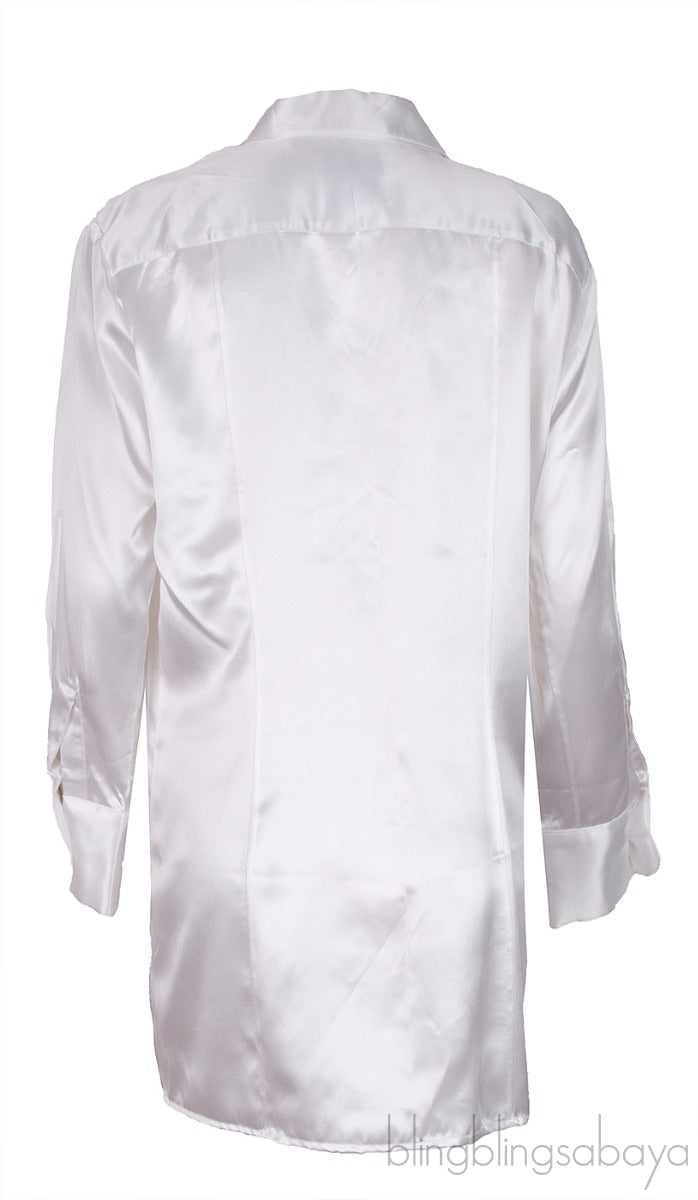 Pearl White Silk Satin Long Sleeve Shirt