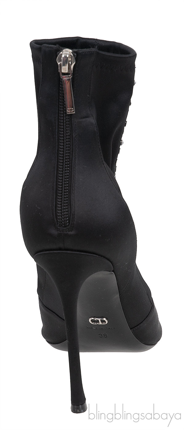 Black Satin Crystal Embellished Peep Toe Boots