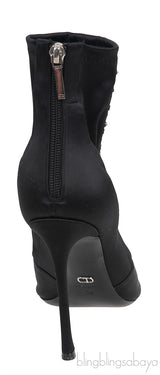 Black Satin Crystal Embellished Peep Toe Boots