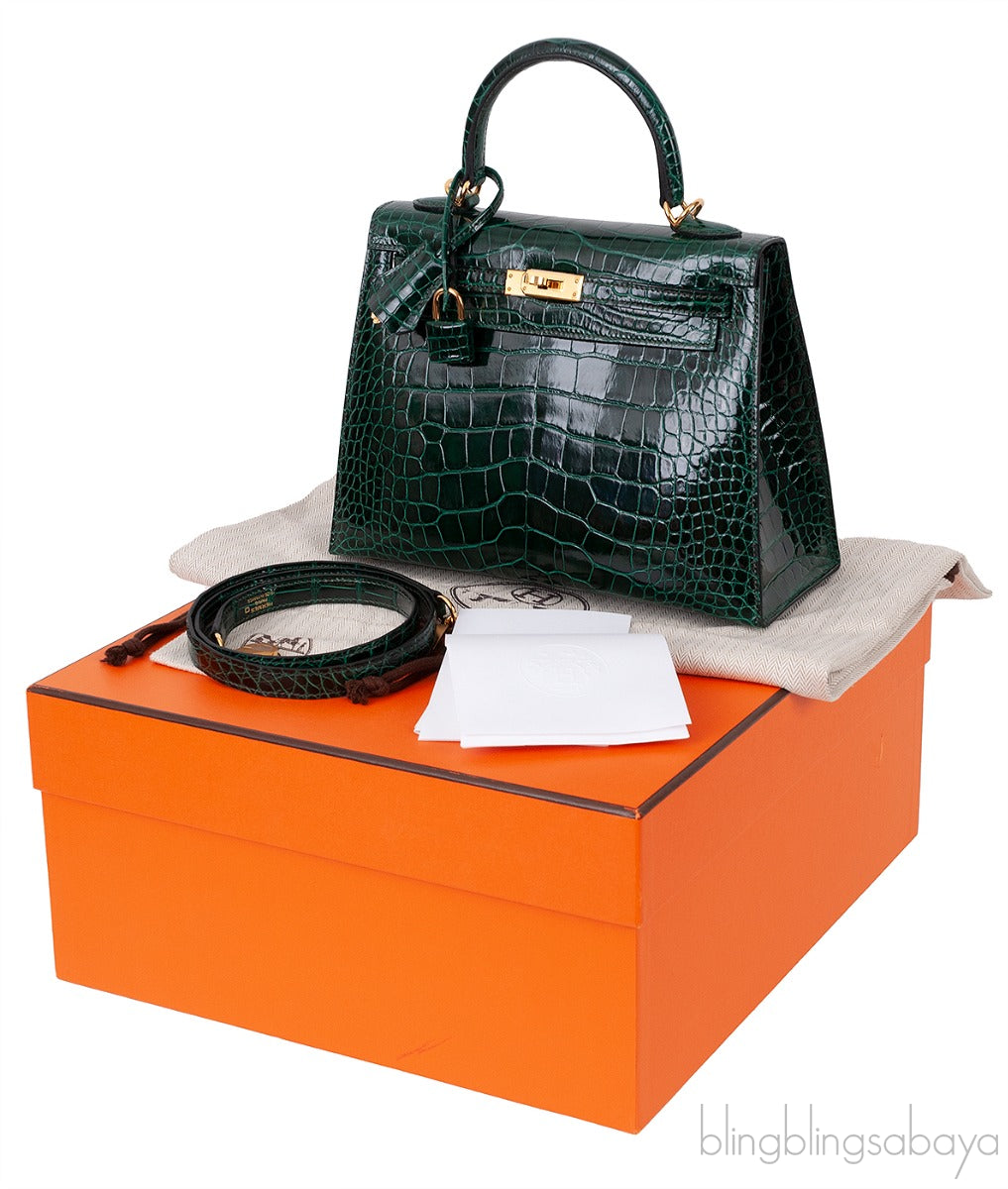 Kelly 25 Sellier Vert Fonce Patent Crocodile GHW