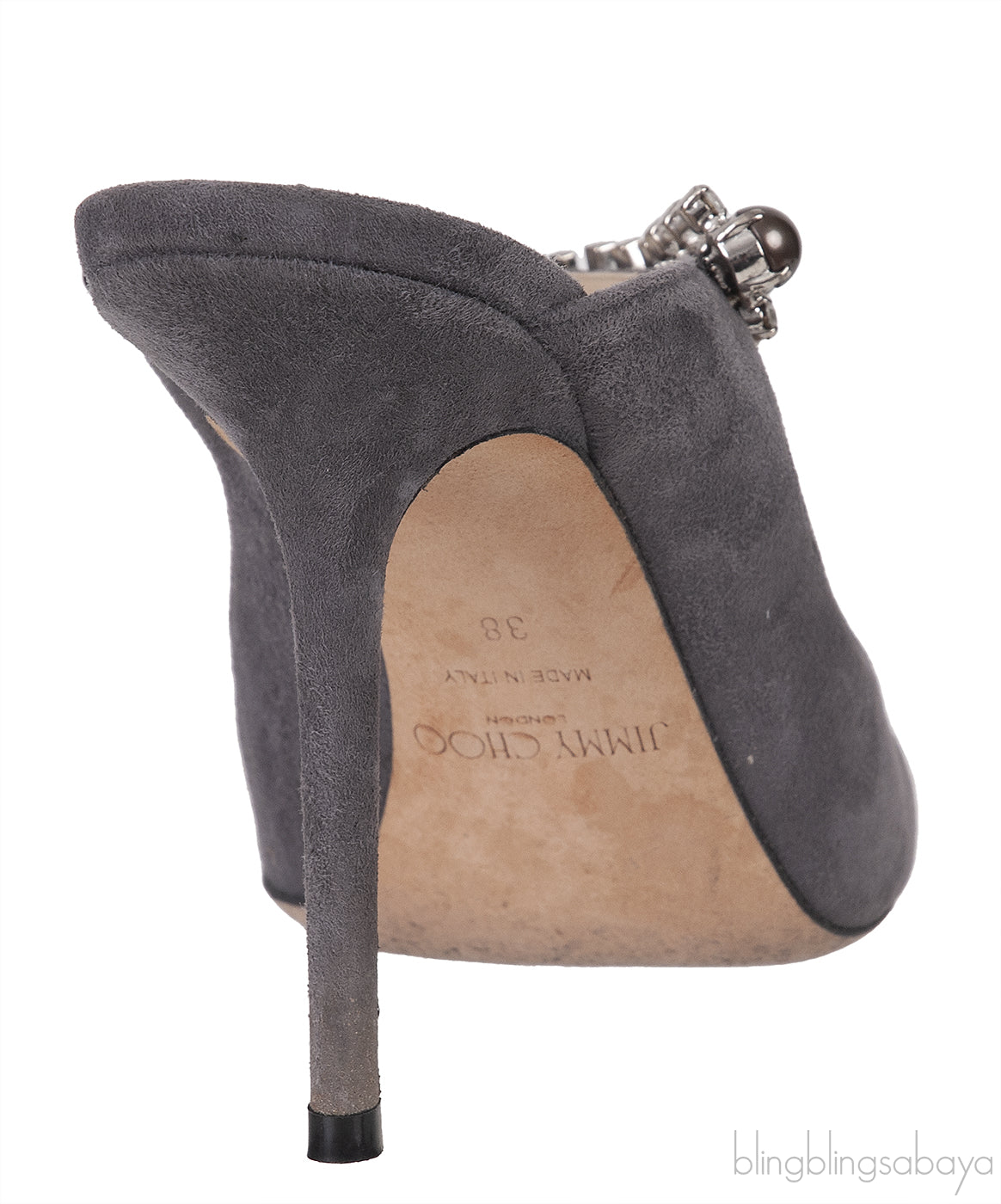 Jimmy Choo Grey Suede Bing Crystal Leather 100mm Crystal Mules