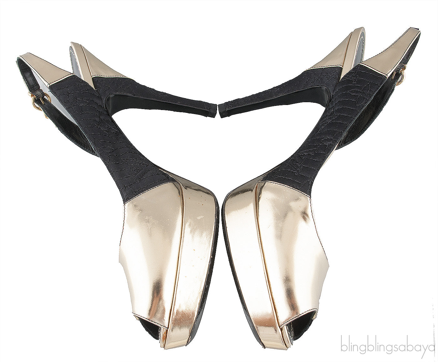 Gold Leather Black Fabric Slingback