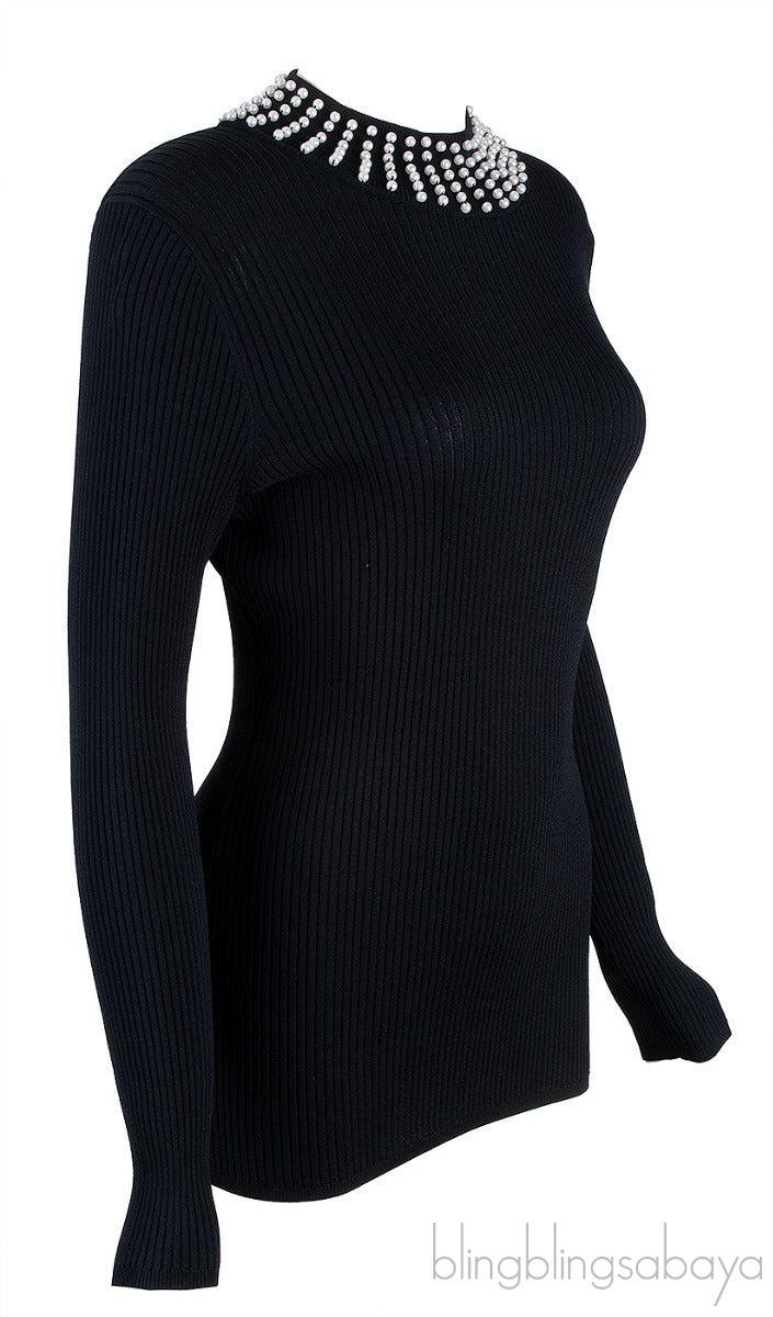 Black Knitted Pearl Embellished Top