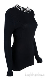 Black Knitted Pearl Embellished Top
