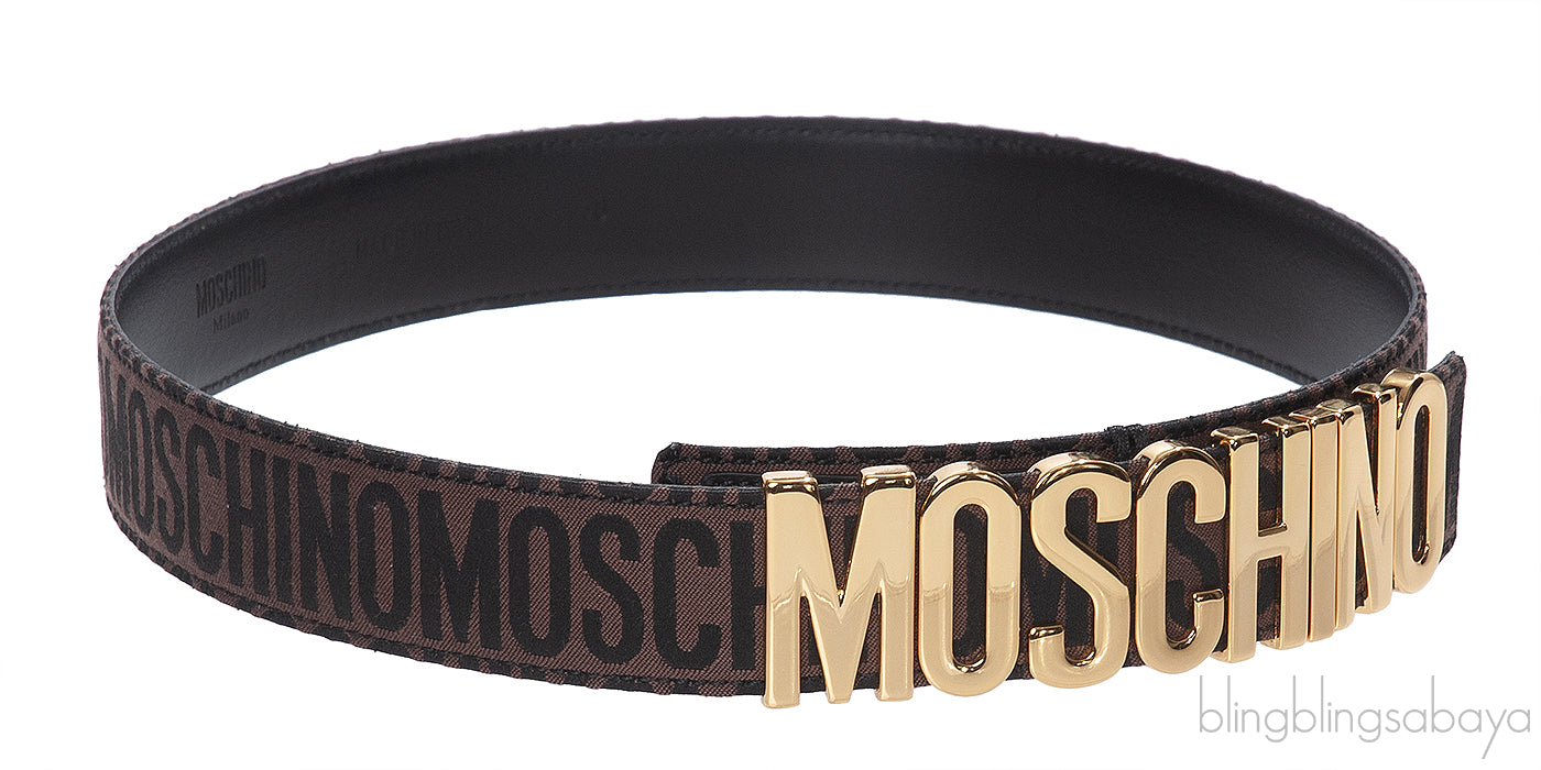 Moschino Brown Jacquard Metallic Logo Buckle Belt