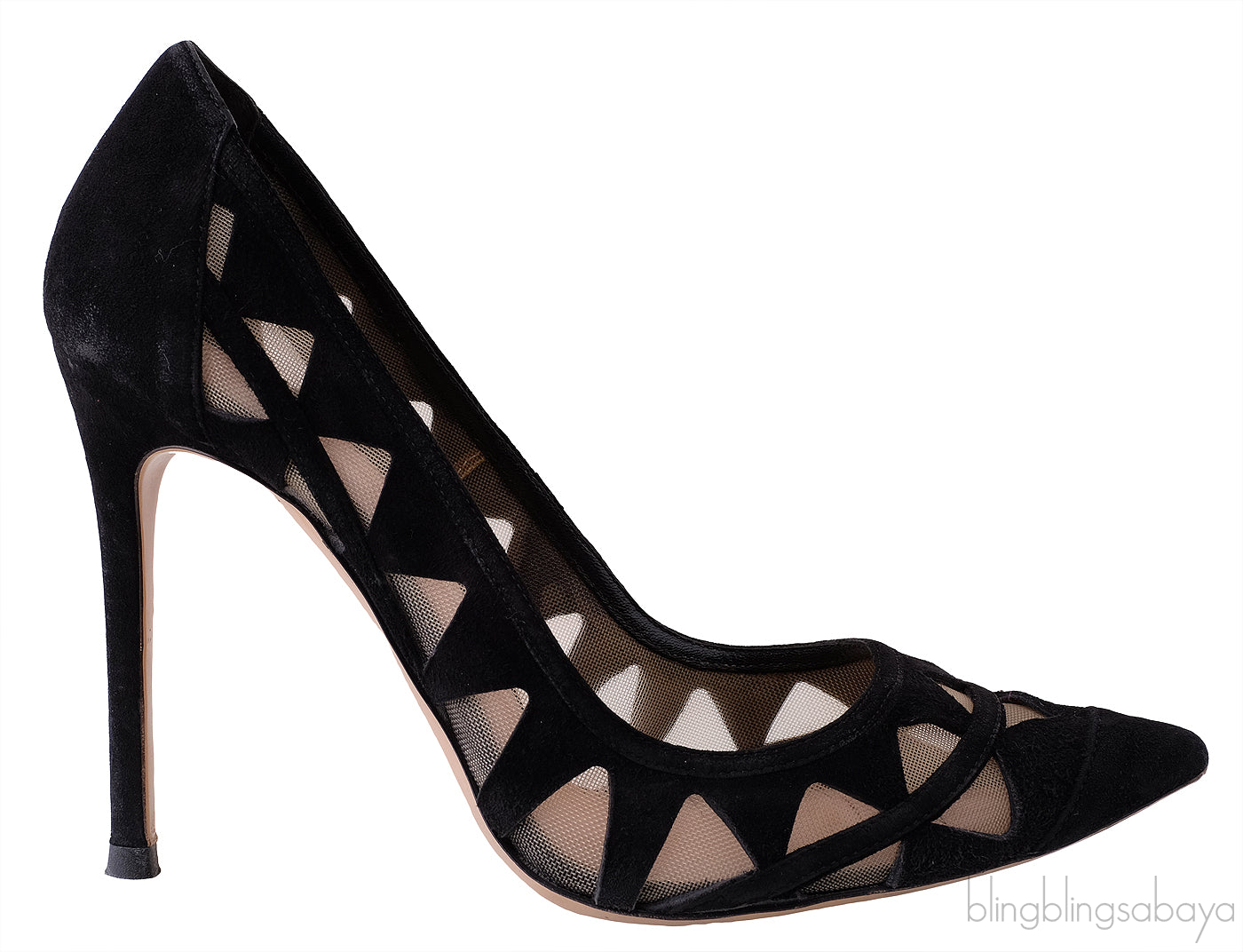 Black Mesh Paneled Suede Heels