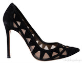 Black Mesh Paneled Suede Heels