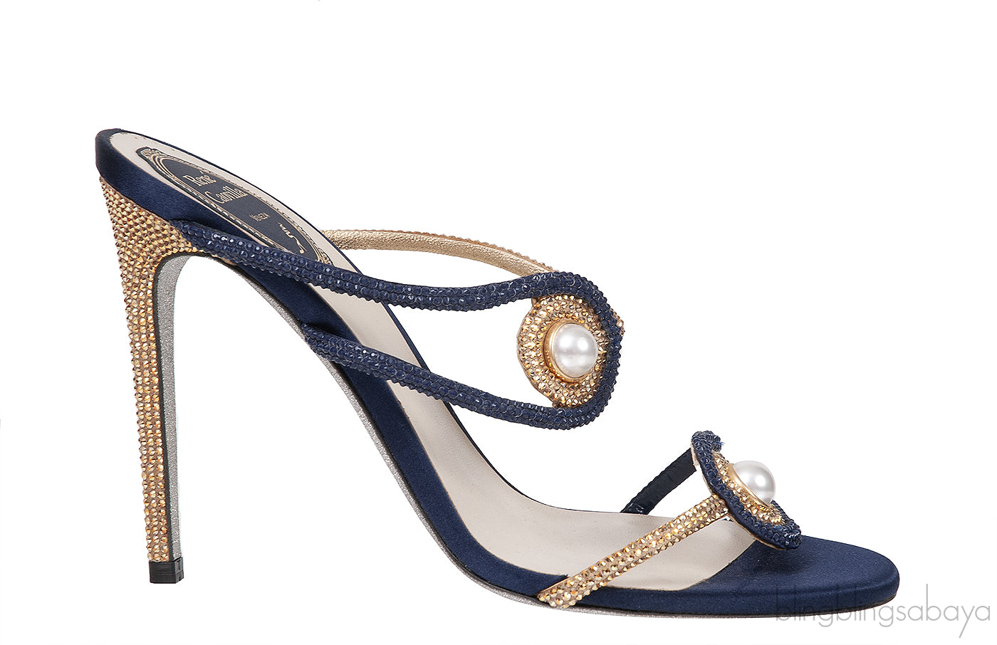 Pearl & Gold Crystal Blue Satin Sandals