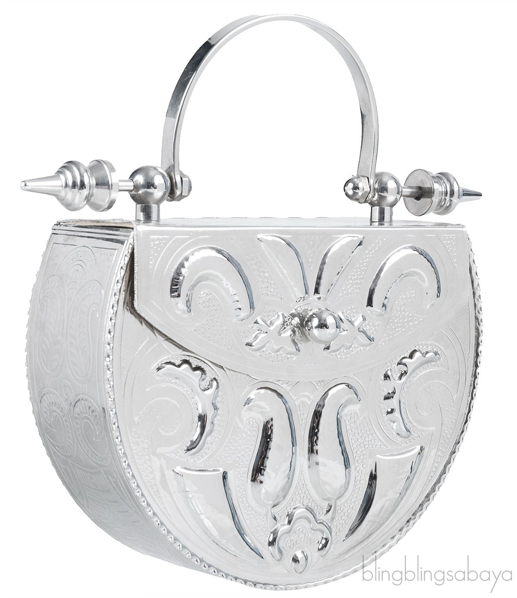 Silver Palmette Oval Minaudiere Clutch