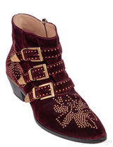 Burgundy Velvet Metal Beads Strappy Boots