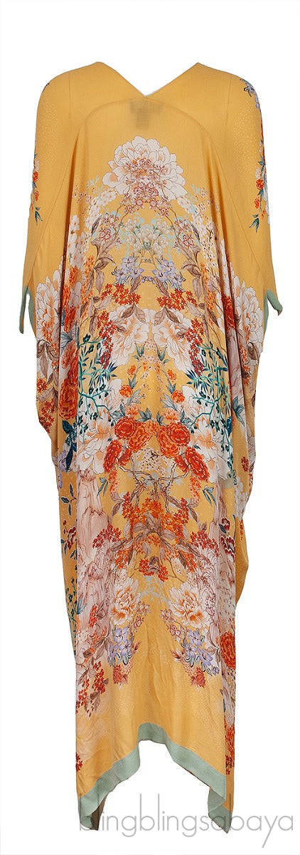 Yellow Floral Print Silk Kaftan Dress