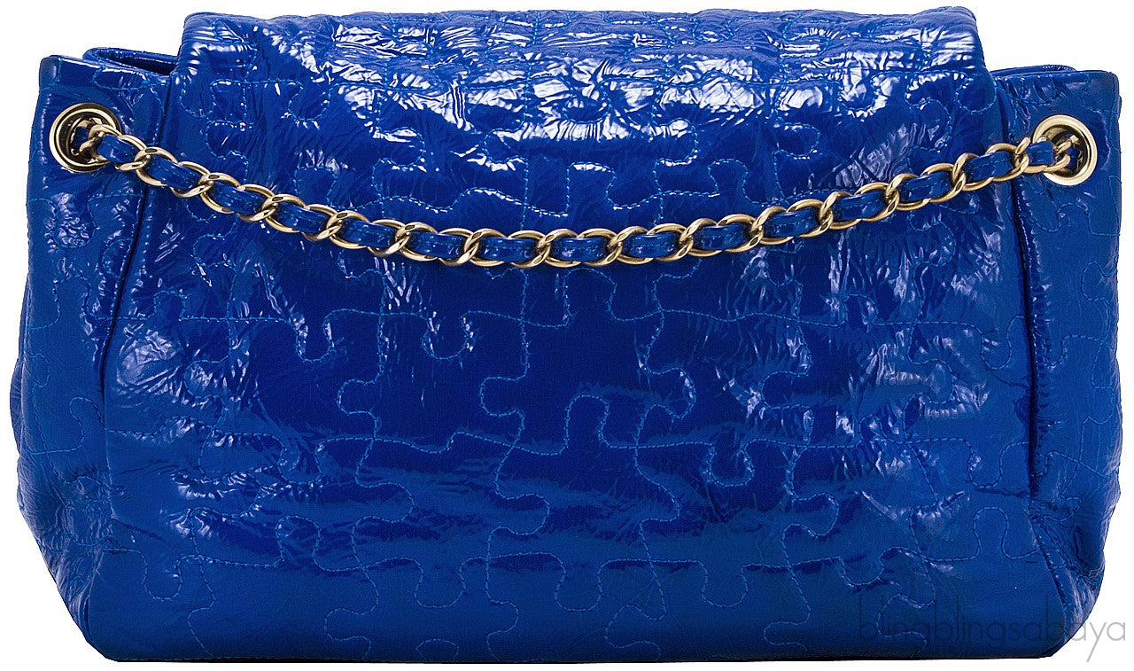 Blue Patent Puzzle Quilted Flap Bag