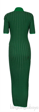 Green Knitted Checkered Maxi Dress