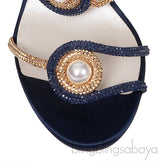 Pearl & Gold Crystal Blue Satin Sandals