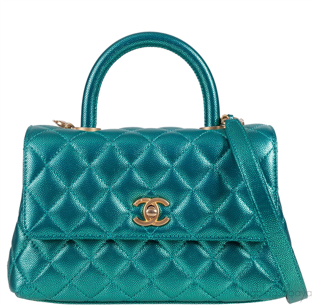 Metallic Green Quilted Caviar Leather Small Coco Top Handle Bag