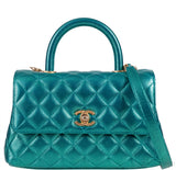 Metallic Green Quilted Caviar Leather Small Coco Top Handle Bag