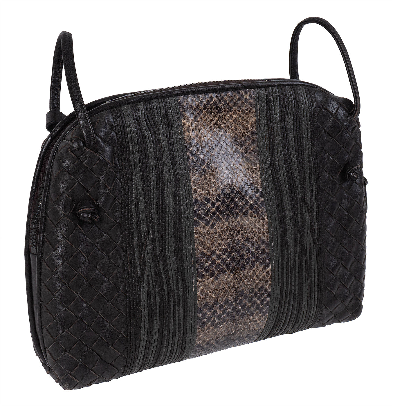 Bottega Veneta Brown Intrecciato Snakeskin Nodini Crossbody Bag