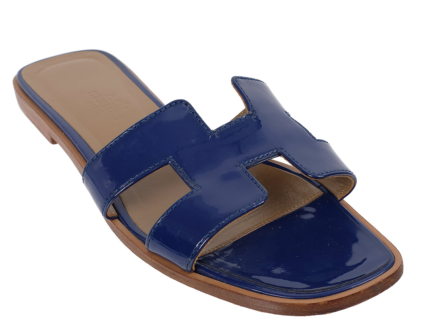 Hermes Royal Blue Patent Leather Oran Sandals 36