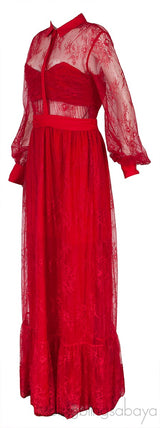 Red Fine Floral-Lace Maxi Dress