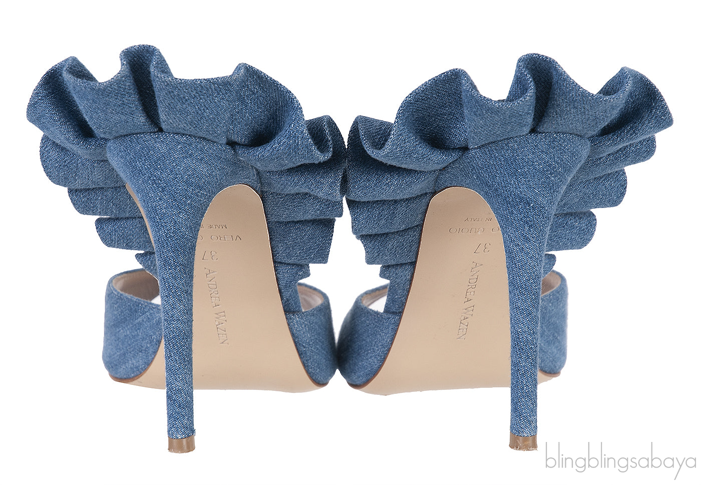 Andrea Wazen Blue Denim Rouches 105 Ruffled Mule Sandals