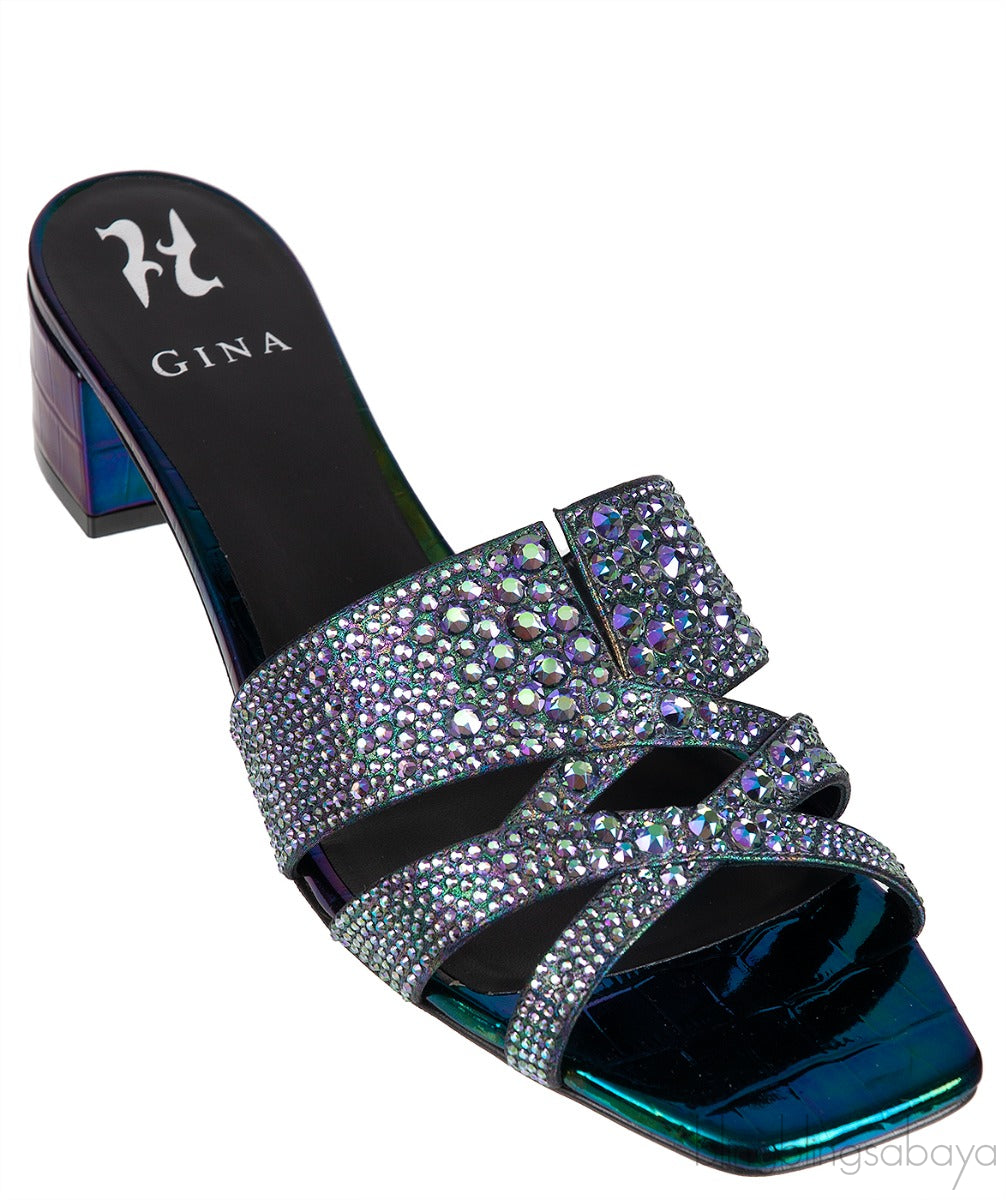 Gina Petrol Patent Croc Embossed Crystal Heeled Sandals