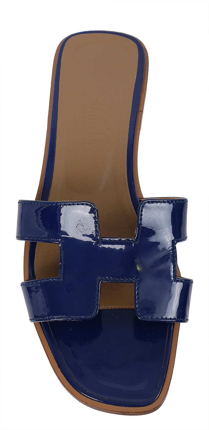 Hermes Royal Blue Patent Leather Oran Sandals 36