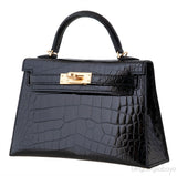 Kelly 20 Black Mini Sellier Crocodile Lisse GHW