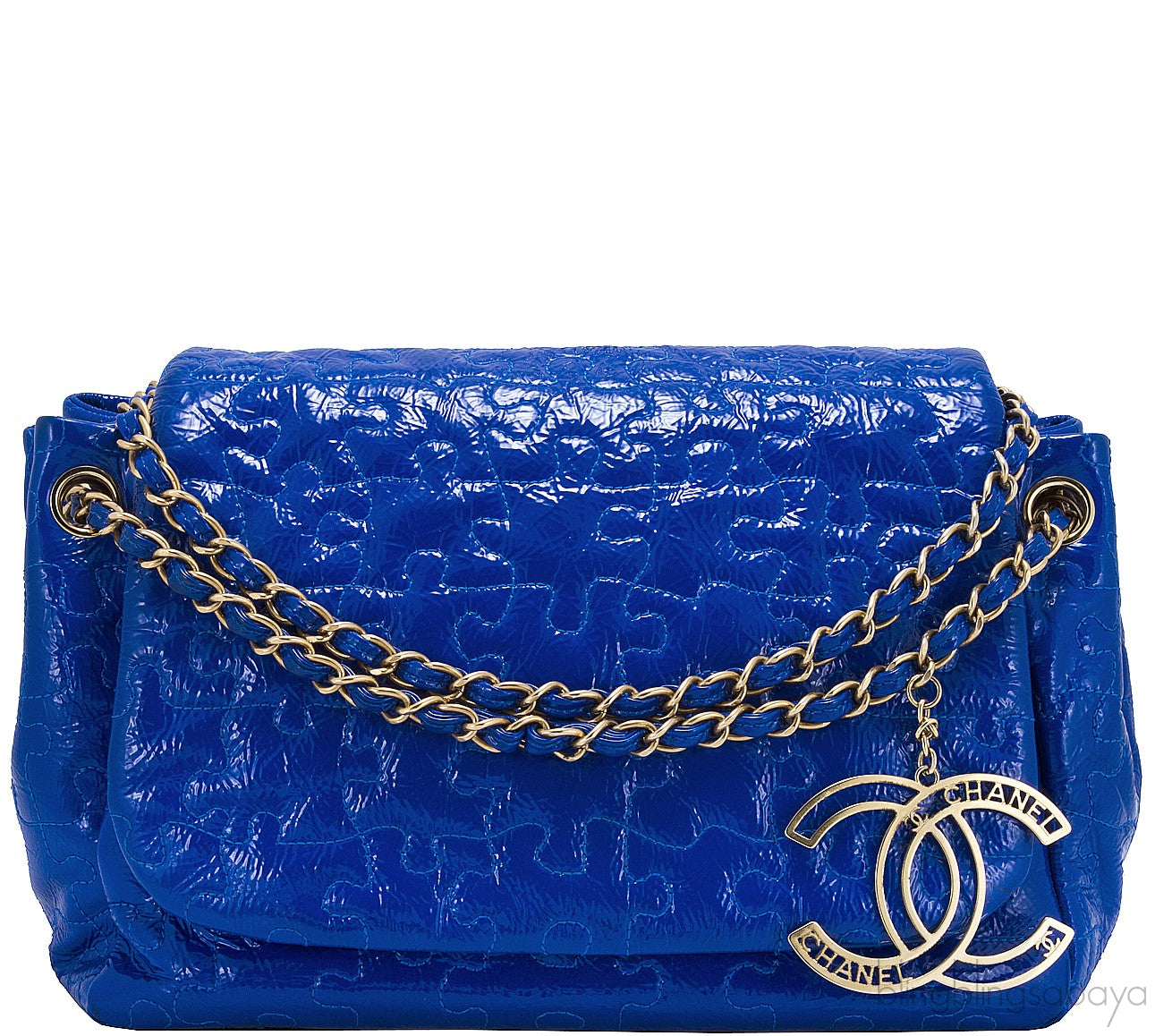 Blue Patent Puzzle Quilted Flap Bag
