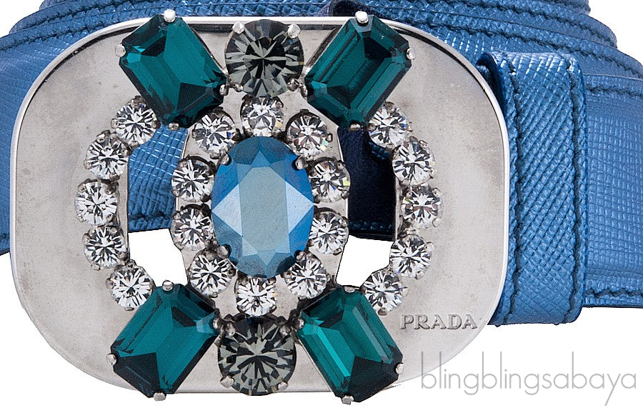 Blue Saffiano Jeweled Buckle Belt*