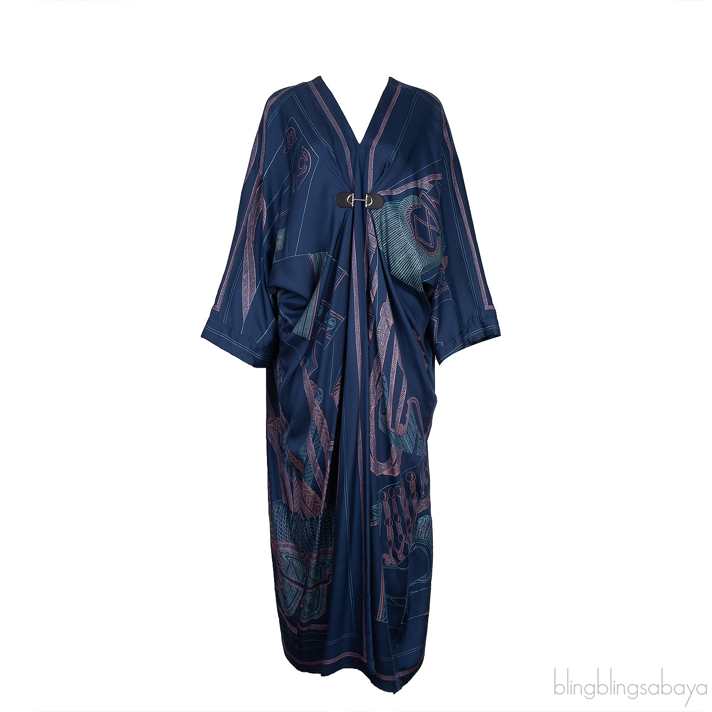Silk Blue Printed Horsebit Kaftan Dress