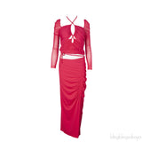 Self-Portrait Fuchsia Pink Jersey Cut out Top & Ruched Skirt