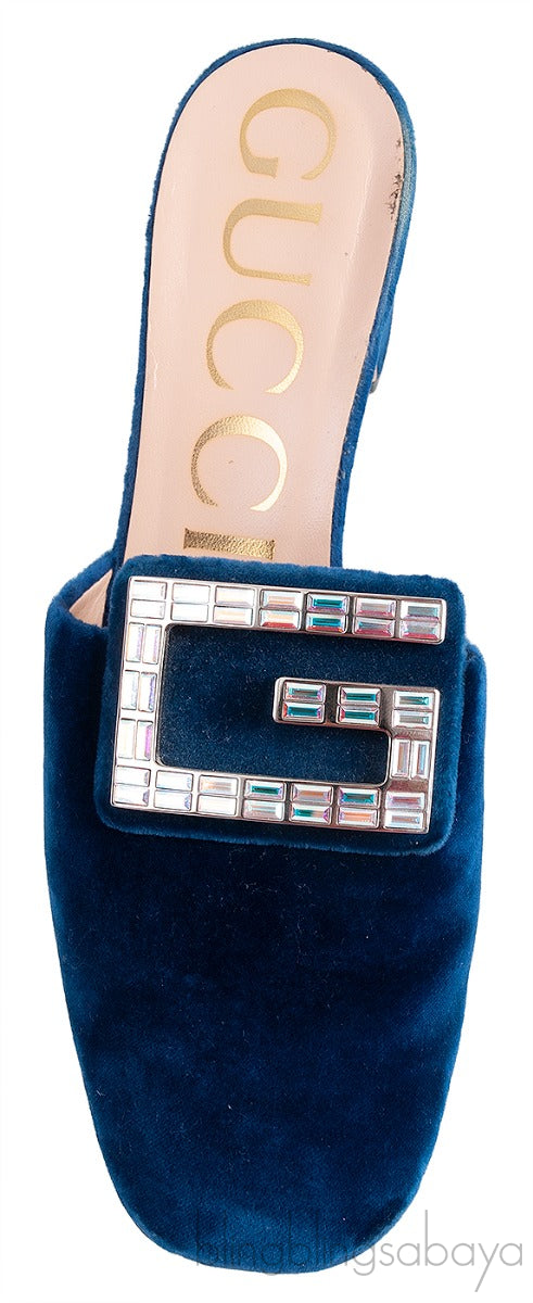 Gucci Blue Velvet G Crystal Madelyn Mules
