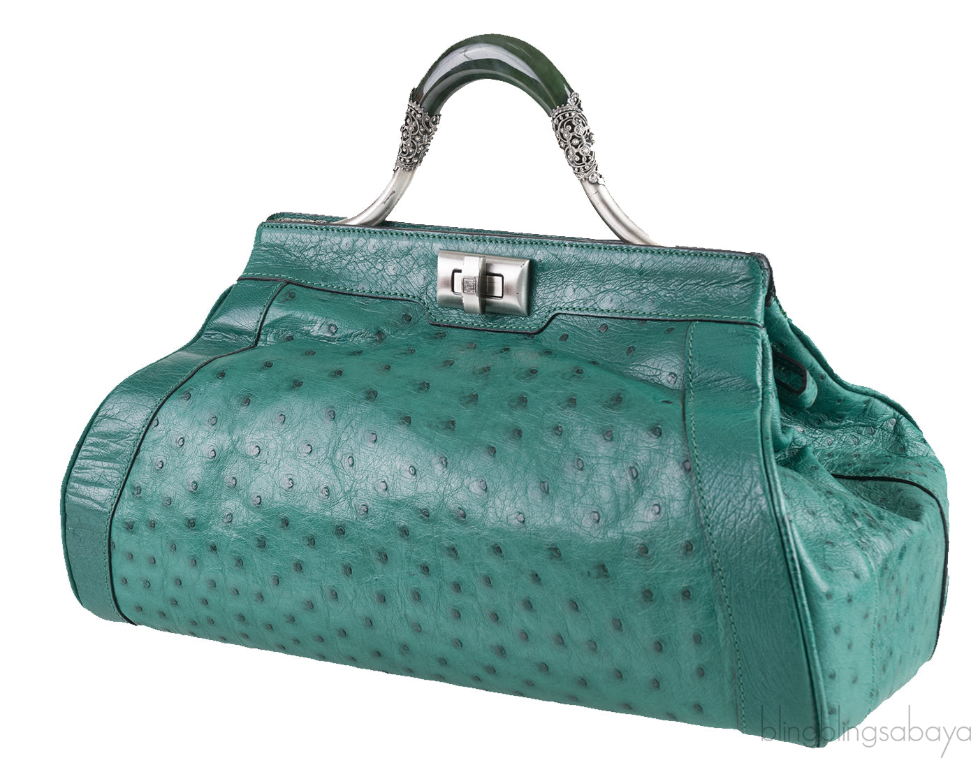 Green Ostrich Jade Handle Bag