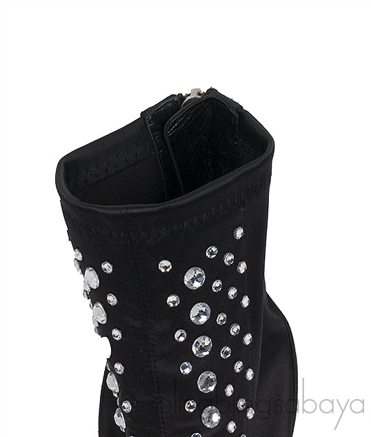 Black Satin Crystal Embellished Peep Toe Boots