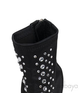 Black Satin Crystal Embellished Peep Toe Boots