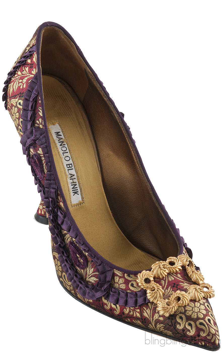 Gold Ruffled Printed Pointed Heels