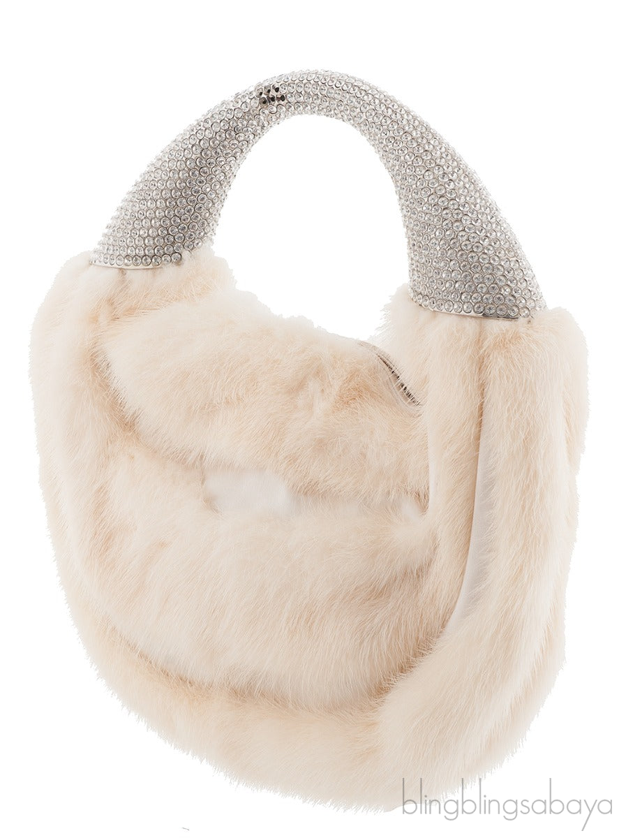 Ivory White Fur Crystal Handbag