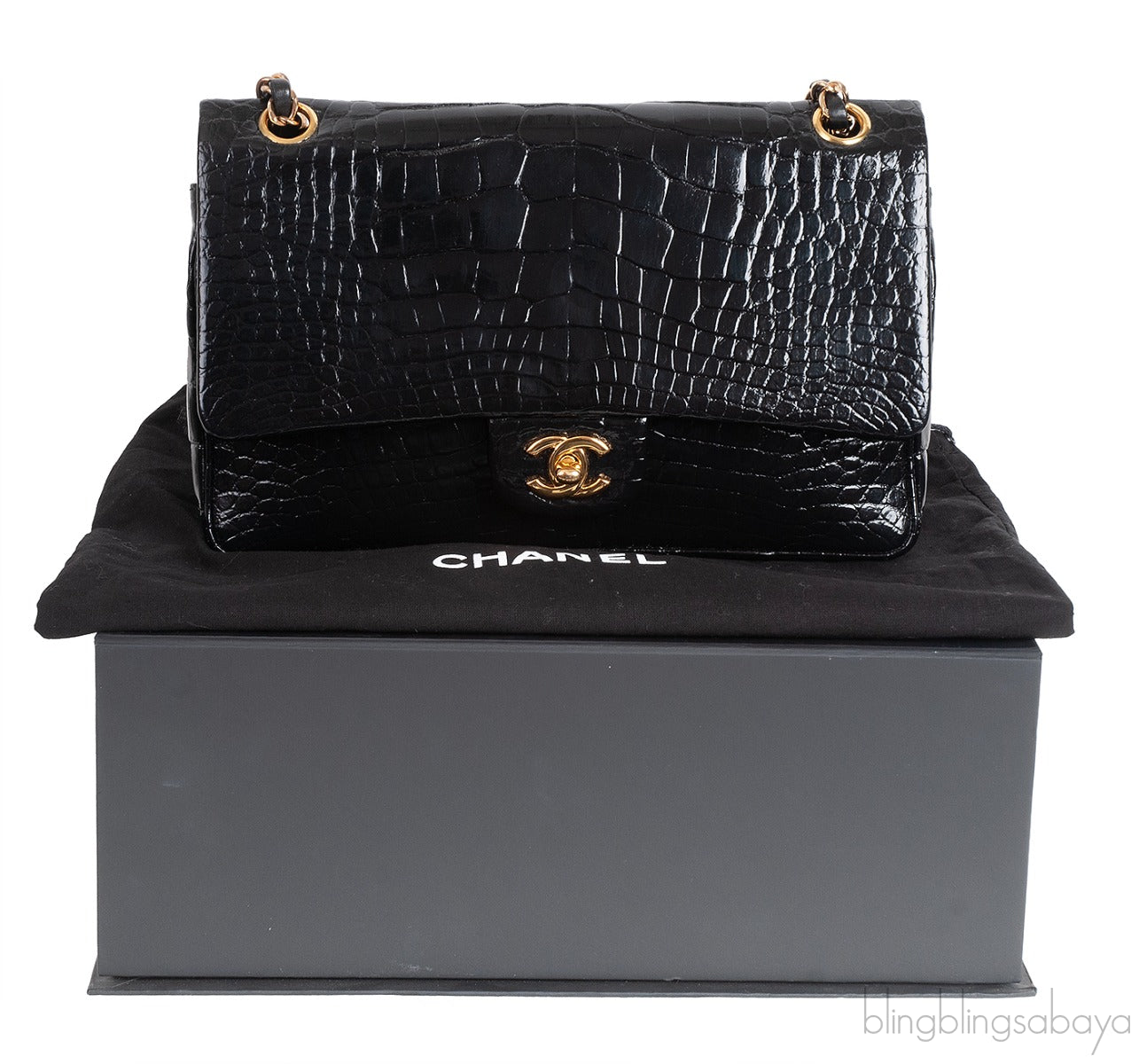 Vintage Black Patent Crocodile Medium Double Flap Bag GHW