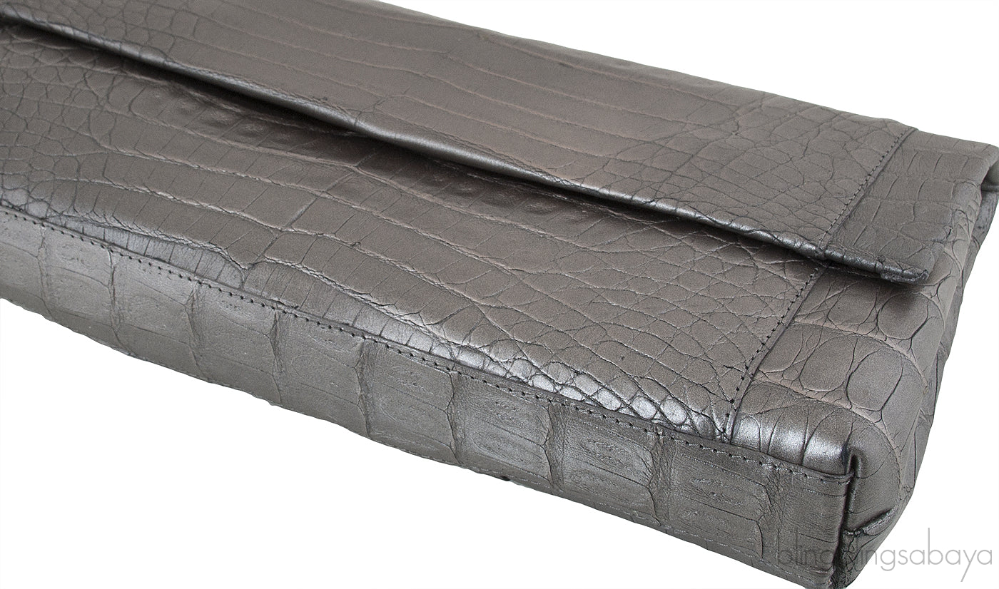 Nancy Gonzalez Grey Fold-Over Crocodile Clutch