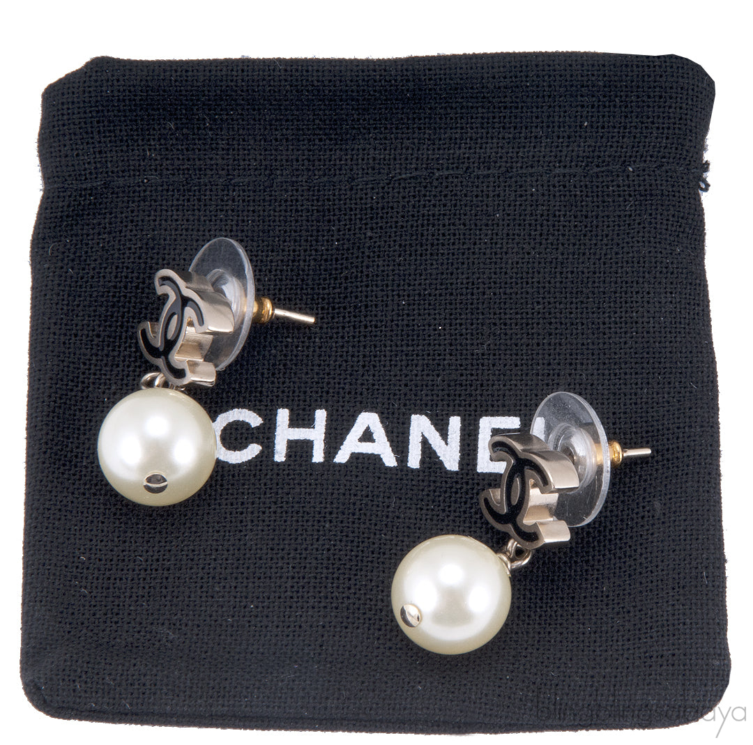 Black CC Pearl Drop Earrings