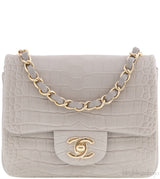 Grey Pearl Crocodile Mini Flap Bag