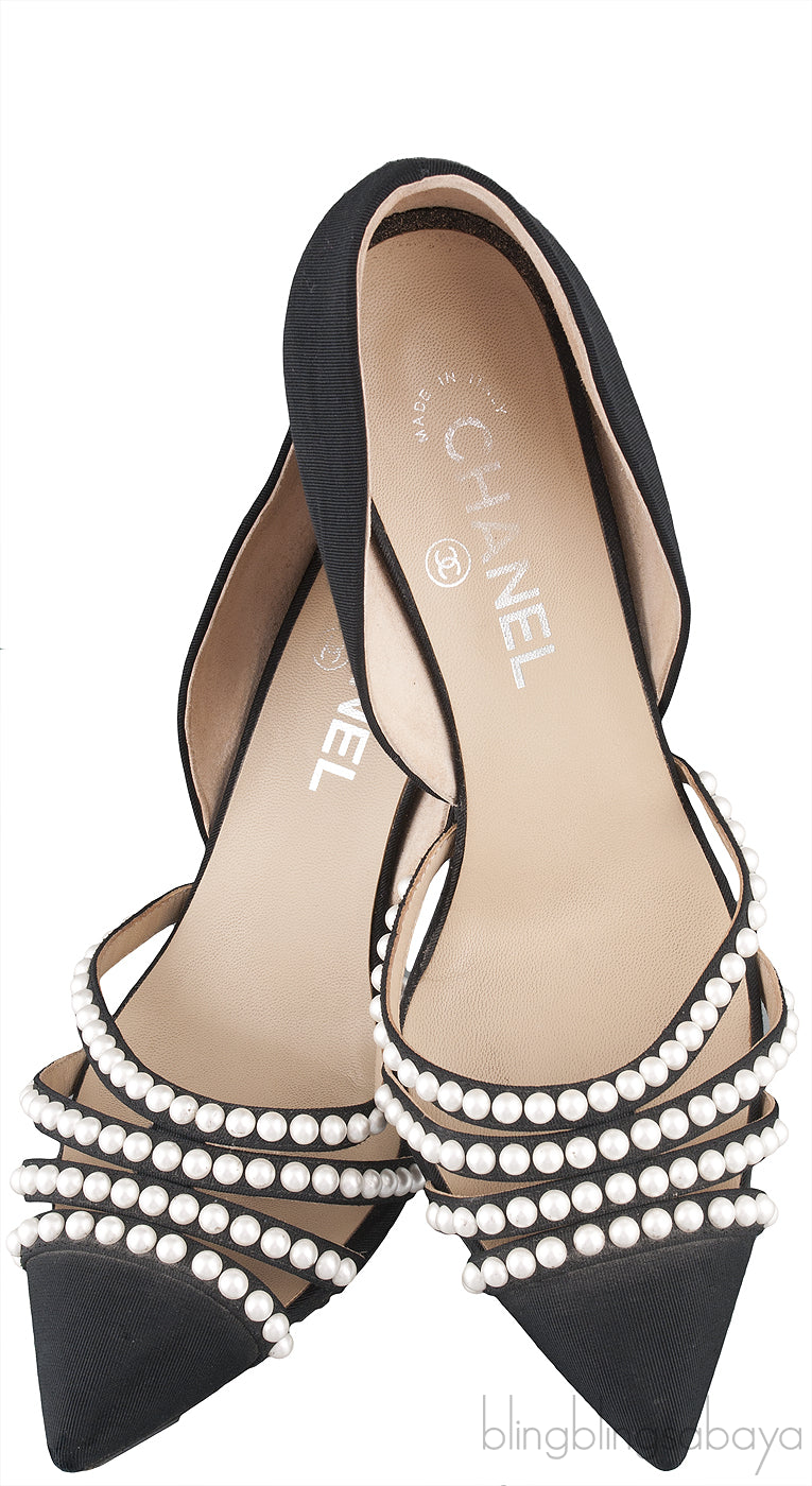 Black D\'Orsay Pearl Pointed Heels