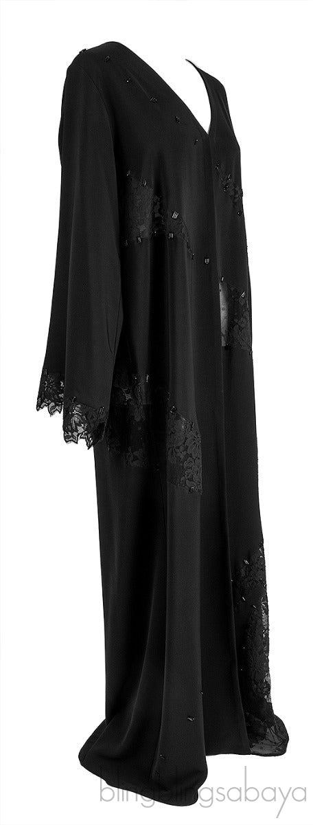 Black Beaded & Lace Trim Abaya