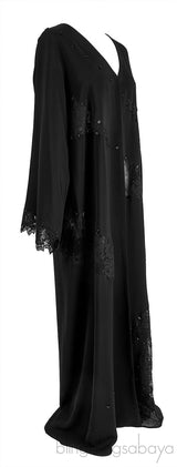 Black Beaded & Lace Trim Abaya