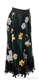 Black Floral Lace Print Lace Trim Skirt