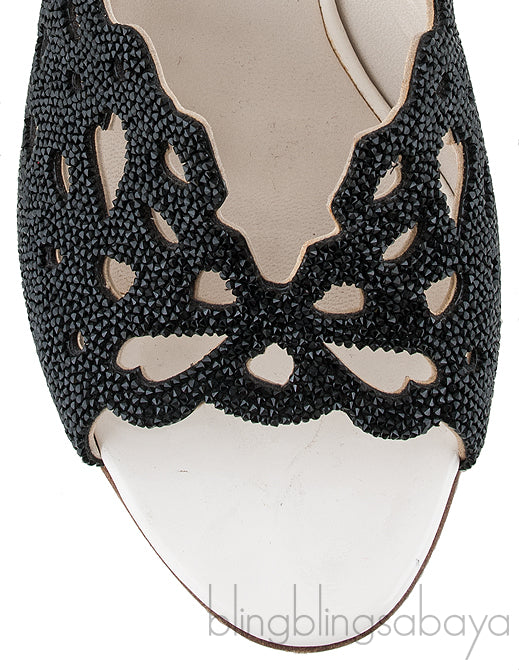 White & Black Crystal Perforated Heels