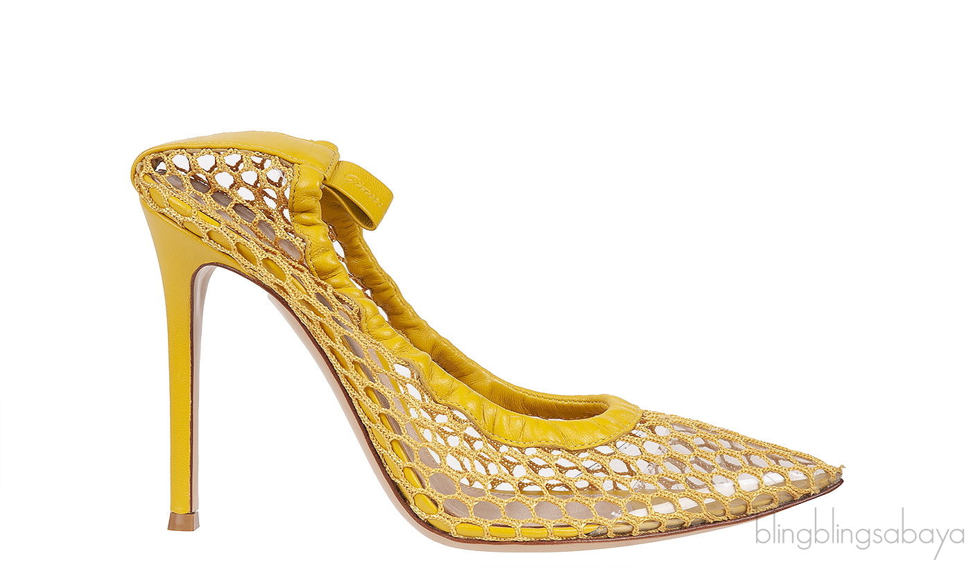 Mustard Leather Trimmed Fishnet Pump