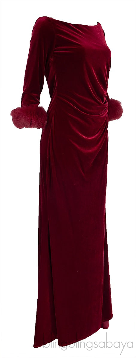 Red Velvet Fur Trim Cuff Dress