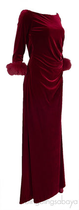 Red Velvet Fur Trim Cuff Dress